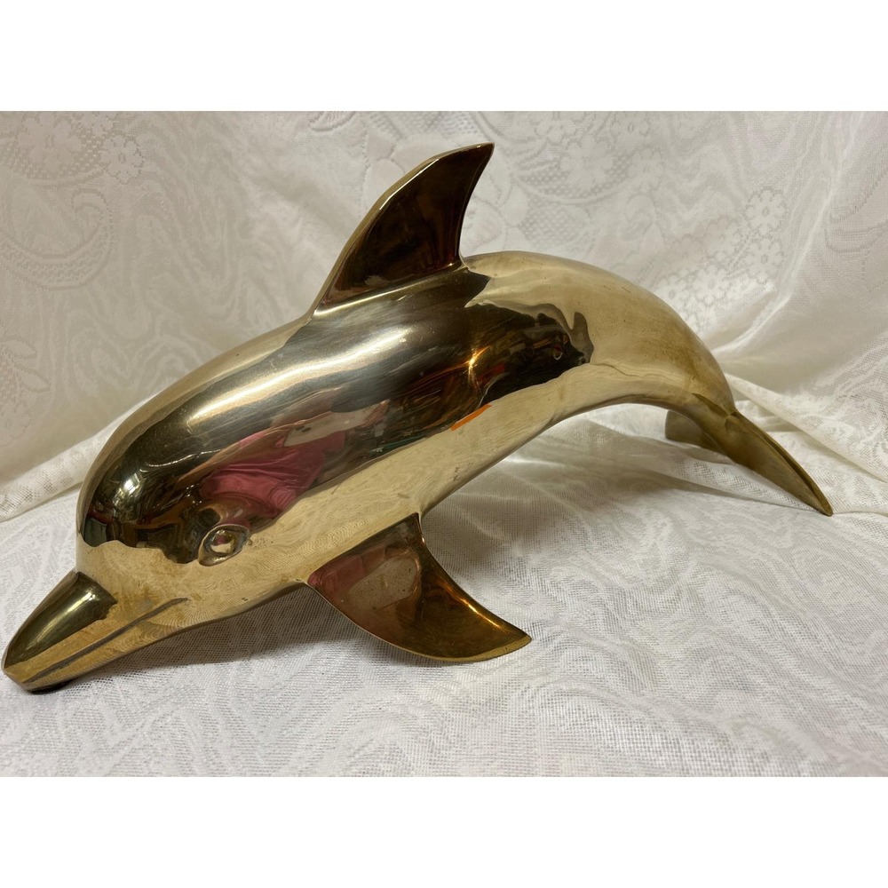Vintage MCM Brass Dolphin Sculpture Large 17.5 Inch Korea 1960s  5lb Heavy